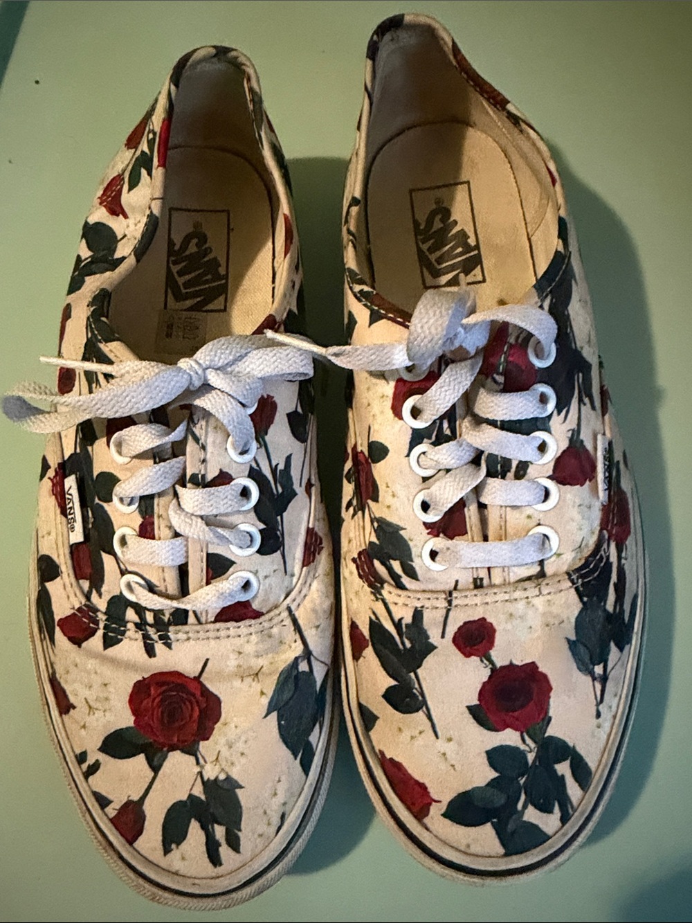 Vans White Canvas Sneakers with Red Rose Print